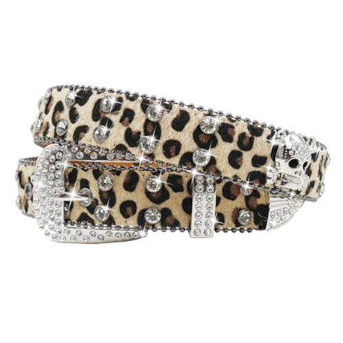 EVERBLTING Rhinestone Leopard Skull Belt Men Women Skull Leopard Belt Studded Punk Y2k emo Belts Western Cowgirl BB Belts 105