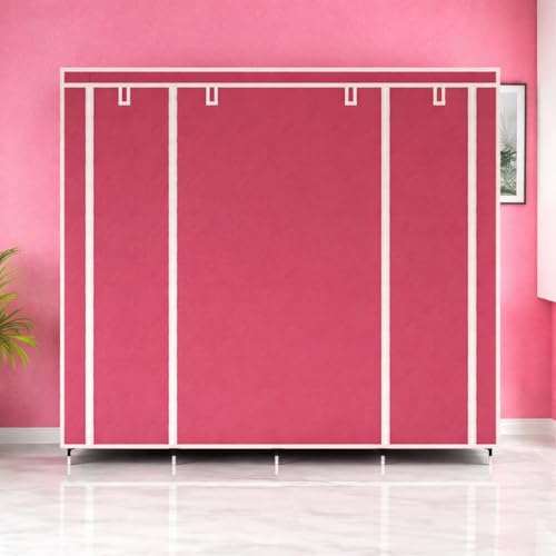 Image of 12-Shelf Collapsible Wardrobe - Portable Foldable Maroon Almirah with Plastic Frame, Fancy Layer Rack for Clothes Organizer (Model 88370)