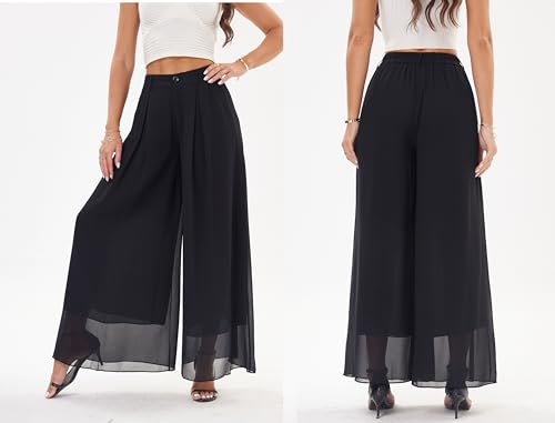 heipeiwa Women's Chiffon Wide Leg Palazzo Pants Flowy Casual Beach Party Dress Long Pants Trouser3