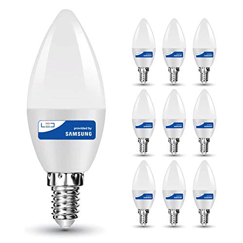 10 Pack Samsung LED 55W Candle C37 Lamp Bulb SES E14 40W Equivalent 6400k Cool White Daylight 200 Beam Angle 470 Lumen 30000 Hours Extreme Life 80 CRI Commercial Grade
