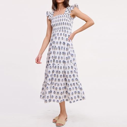 Image of Women Patchwork Dress Y2k Floral Puff Short Sleeve Maxi Dress Summer Boho Smocked Tiered Ruffle Beach Sundress