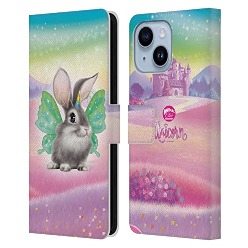 Coque portefeuille iPhone 14 Plus en cuir imprimé lapin licorne féerique