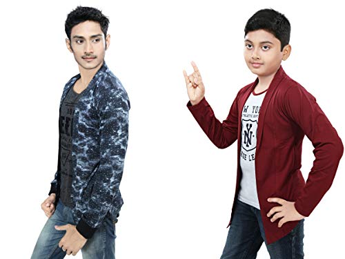 Image of Boy's Cotton White Printed T-Shirt with Blue Jacket Shrug