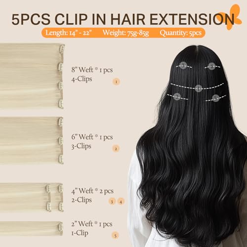 Image of DOORES Clip in Human Hair Extensions, 70g 5pcs 20 Inch Platinum Blonde, Hair Extensions Real Human Hair Clip in Extensions Long Straight Hair for Women