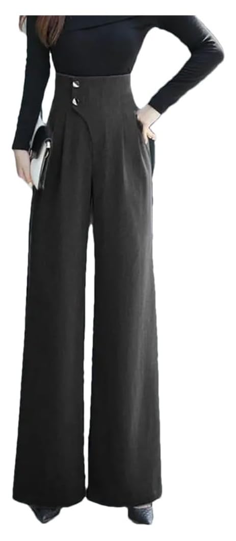 Womens Spring Loose Straight Wide Leg Pants with High Waist Button Fly Closure