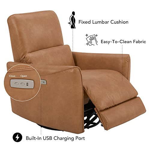 Chita Power Recliner Swivel Glider, Upholstered Faux Leather Living Room Reclining Sofa Chair With Lumbar Support, Cognac Brown #TOP2