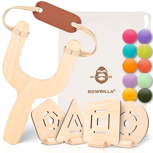 BOWRILLA® Fionda per bambini con 10 palline morbide e 4 bersagli in legno, ideale per giochi interni ed esterni, set completo per bambini per mancini e destrorsi