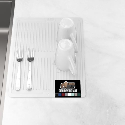 GORILLA GRIP 100% BPA-Free Patented Silicone Dish Drying Mat for Kitchen Counter, Water Catching Ribbed Design, Easy Clean Waterproof Sink Liner, Heat Resistant, Fits Under Rack, 11x13 Inch, White
