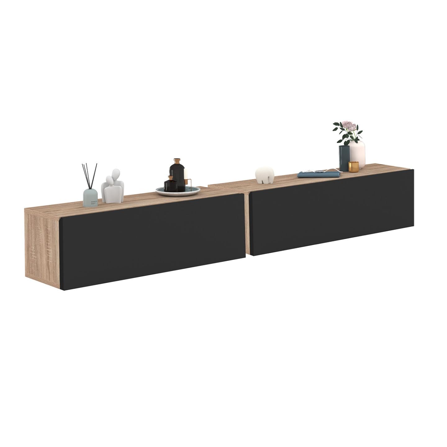 IDMarket - Lot de 2 Consoles suspendues étagères murales ELYOS 1 Porte Bois et Noir