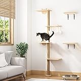 COZIWOW Wall Mounted Scratching Post, 4-Tier Cat Climbing Tower, Activity Tree with Hammock, Sisal Scratcher Mat and Mouse Toy for Indoor Use, Medium Large Cats, Natural Wood (CWP0279)
