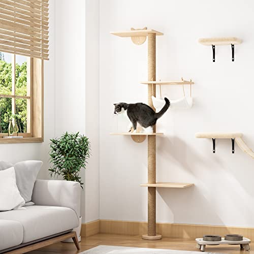 COZIWOW Wall Mounted Scratching Post, 4-Tier Cat Climbing Tower, Activity Tree with Hammock, Sisal Scratcher Mat and Mouse Toy for Indoor Use, Medium Large Cats, Natural Wood (CWP0279)