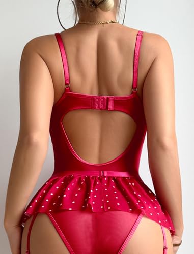 Image of Alrovetoney Women Lingerie Set Naughty Lace Bodysuit High Waisted Underwire Lingerie Babydoll With Garter Belt and Stockings