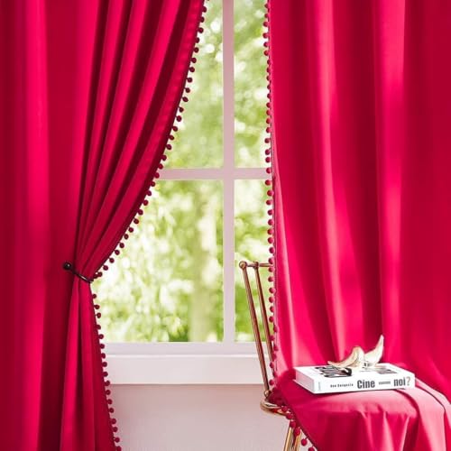 VUIKLCty Mosquitera para Ventana de balcón Cortinas de Terciopelo con Bolas de Pelo, 2 Paneles, for Dormitorio y Sala de Estar, Ideales for habitación Infantil.(1 * 1.4m)
