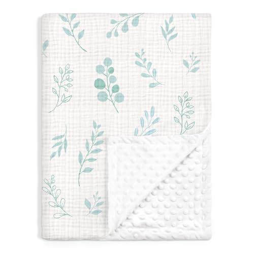 Image of Baby Blankets for Boys Girls, Soft Nursery Minky Blankets with Muslin and Dotted Fleece Back 30x40 inches, Receiving Bed Quilt for Newborn, Infants, Toddlers (Leaf)