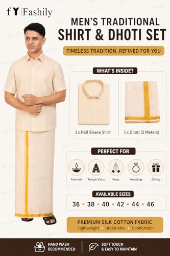 Image of Men's Traditional Indian Shirt and Dhoti Set, Half Sleeves Tissue Silk Cotton Shirt With Dhoti 2 metres for men