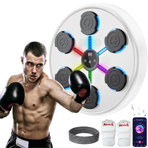 jiaao Boxing Machine for Adults, Wall Mounted Music Punching Pad with 9 Speed Modes, Bluetooth Connectivity, LED Display, Includes Boxing Gloves and Headband for Fitness at Home or Gym-White