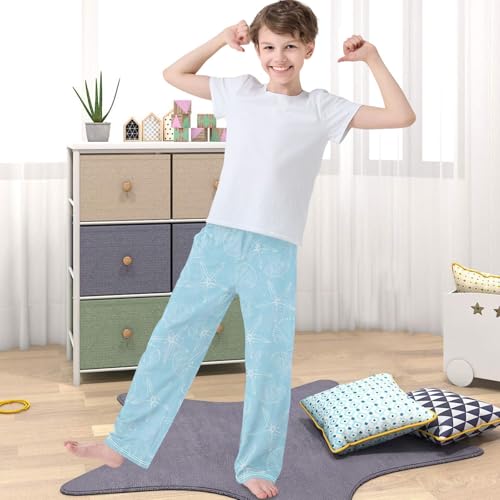 Boy's Pants White Scallop Shells Blue Jogger Pants Elastic Waist Long Bottoms Trousers with Pockets 6-14 Years4