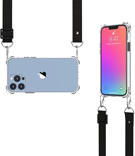 Wuwedo Funda transparente para iPhone 13 Pro Max con correa cruzada ajustable desmontable, ajuste delgado, funda protectora a prueba de golpes con