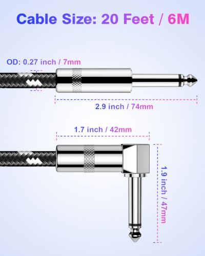 Image of New Bee Guitar Cable 20 ft Electric Instrument Cable Bass AMP Cord 1 /4 Straight to Straight for Electric Guitar, Bass Guitar, Electric Mandolin, Pro Audio (Right Angle, Black White)