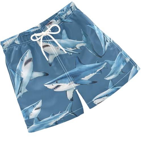 Pigsaly Boys' Swim Board Shorts Blue Angry White Shark Boy's Swim Trunks Kids Swimwear 4T