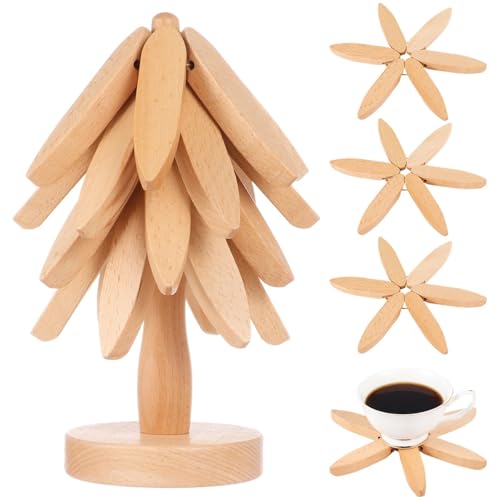 Salvamanteles de madera de haya resistentes al calor, posavasos plegables con soporte, juego de 4 piezas para ollas, sartenes y platos calientes, ideal para inauguración de la casa