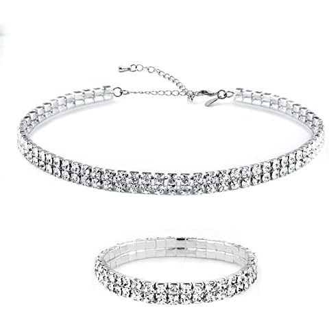 Zealmer Women 18K Gold Plated 2 Rows Rhinestone Choker Necklace & Bracelets Set Cover