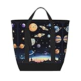 XZDCAL Saturn Jupiter Earth große Kapazität isolierte Einkaufstasche für Damen, Mittagessen und Picknick, Schwarz, Einheitsgröße, Schwarz , Einheitsgröße