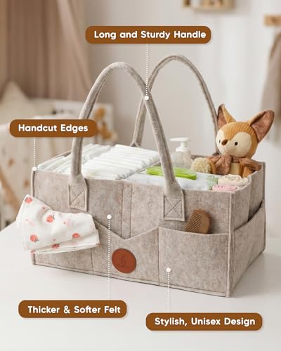 Image of Maliton Felt Diaper Caddy Organizer for Changing Table - Large, Khaki | 15x9x7 inch Portable Nursery Storage Bin and Car Organizer for Diapers, Wipes. Boy & Girl Shower Gift Basket, Baby Essentials