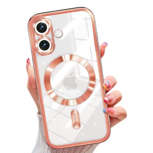 Image of Misscase for iPhone 17 Case with Privacy Screen Protector, Built-in Lens Protector, Compatible with MagSafe, Anti-Yellowing Shockproof TPU, Bling Glitter Electroplated Cover 6.3 inch Pink