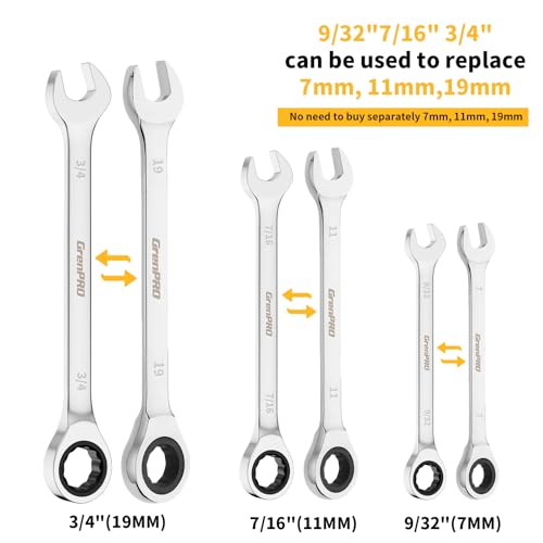 GRENPRO Ratcheting Wrench Set, Combination Wrench Set, 22-Piece SAE & Metric and Standard, 72Th Long Open End, 1/4" to 3/4" & 6-18mm, Organizer With Roll Up Pouch, CR-V Socket Mechanic Hand Tools Sets - Image 4