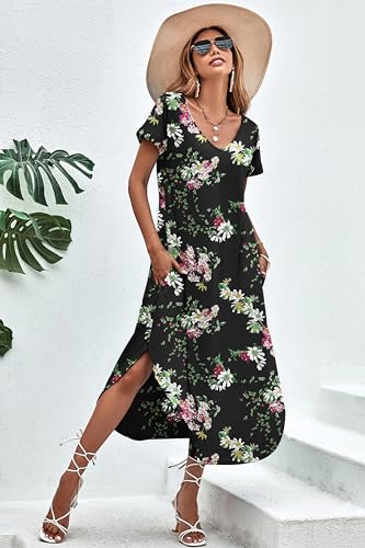 Image of Ekouaer Long Nightgowns for Women Short Sleeve House Dress with Pockets V Neck Sleepshirts Side Split Sleepwear S-4XL
