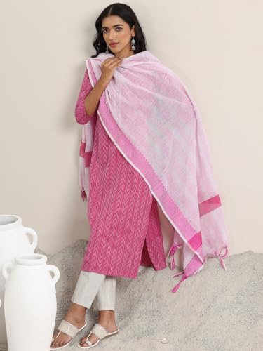 Image of Libas Womens Woven Design Cotton Blend Straight Kurta With Trousers and Dupatta | daily wear suit
