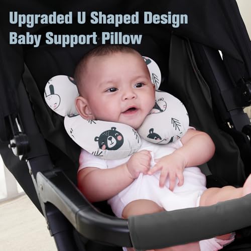 Image of KAKIBLIN Baby Travel Pillow, Upgraded Baby Neck Pillows for Car Seat, Infant Neck Support Pillow for Head and Neck,Newborn Head Support for Car Seat, Stroller, Pushchair(Black Bear)