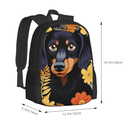 Large Capacity Pattern Using Dachshun Dog Flowers Leaves Pet Backpack Multipurpose Bag Zipper Backpack Unisex 17 in3