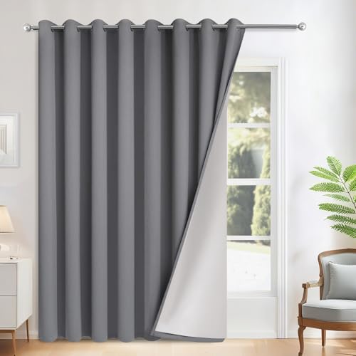 Yakamok Grey Room Darkening 100% Blackout Curtains Grommet Extra Wide Window Treatment with 2 Thick Layers-Gray Thermal Insulated Drape 1 Panel for Living Room Patio Door 100 by 84 Inches Length