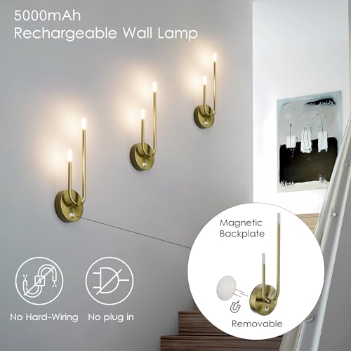 Image of Aipsun Gold Battery Operated Wall Sconce Set of 2, Modern LED Rechargeable Wall Sconce Stepless Dimming Wireless Wall Lights for Bedroom,Living Room,Hallway Warm Light 3000K