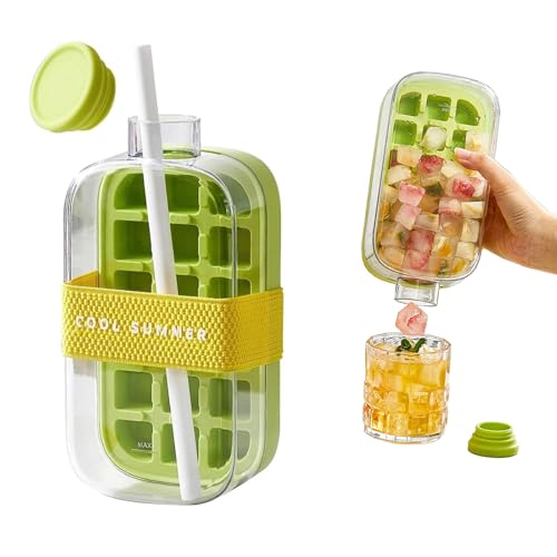 Botella de agua 2 en 1, cubitos de hielo con pajilla, botella de cubitos de hielo sin contacto, tipo empuje, para hacer cubitos de hielo, botella para hacer cubitos de hielo, botella para café