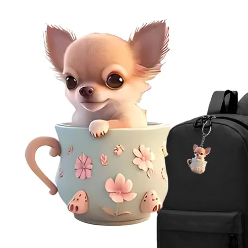 Abalorio para bolsa de perro, colgante de taza de té para bolso de cachorro, llavero de acrílico 2D con dibujos animados de perro, accesorios para espejos de coche, accesorios para niños y niñas,