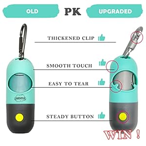   Dog-Poop-Waste-Bags-Holder-with-LED-FlashlightCute-Doggie-Poo-Bags-Dispenser-for-Pet-LeashTrash-Waste-Bags-Carrier-with-Potty-Bags-Clip-Fastener-LR44-Button-Cells-Included2-Pack-Mint-Green