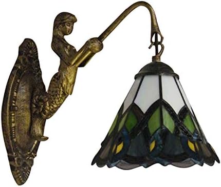 LITFAD Mermaid Wall Sconce Features Beautiful Peacock Tail Pattern Tiffany Stained Glass Shade Wall Light Decorative LED Wall Lamp for Staircase Bedroom Hotel Restaurant