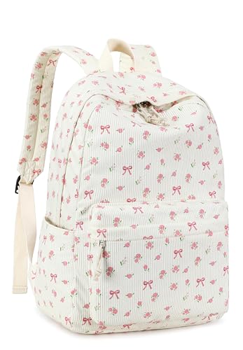 Bluboon Mochila escolar para meninas adolescentes, mochilas para laptop de veludo cotelê e ensino fundamental, Laço rosa 212 bege, 15.6-Inch, Escola