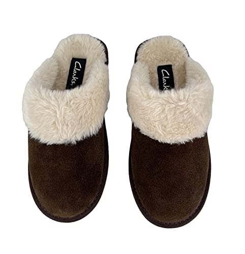 Image of Clarks Womens Open Back Suede Leather Comfort Clog Slipper JMS0583C - Plush Faux Fur Trim - Indoor Outdoor House Slippers For Women