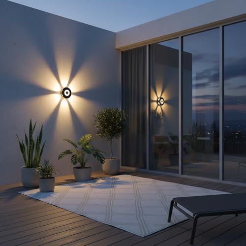 Image of FERA Waterproof Up Down Led Wall Lamp, Aluminium IP65 Body 6+1 Ray, Warm White, Indoor /Outdoor Decorative Wall Sconce Light, (HaloBeam 6 Way Warm)