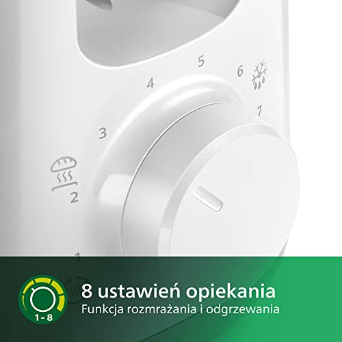 Philips Toster - Długi otwór, 8 Poziomów opiekania, Ruszt do bułek, Funkcja rozmrażania, Obudowa Cool Touch, Wysoki podnośnik, Automatyczne wyłączanie, Biały (HD2590/00)