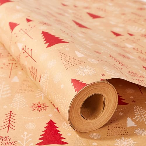 Christmas Kraft Wrapping Paper Roll 15M Rustic Red Gift Wrapping Paper with Tree Bells Snow & Leaves Vintage Gift Wrap for Holiday Xmas Winter Party Gifts(Red Tree)