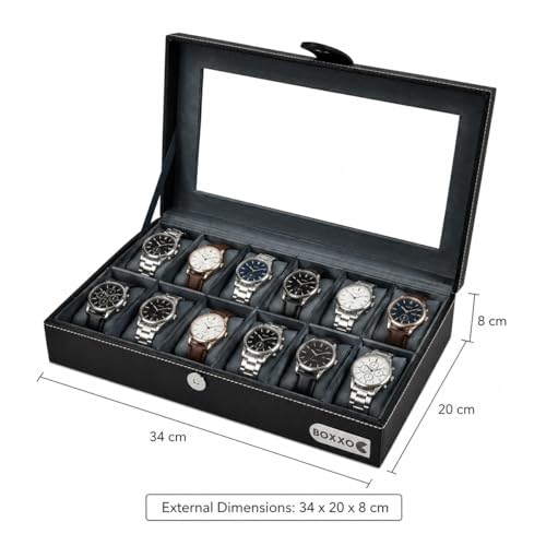 Image of BOXXO 12 Slot Watch Organizer Box for Men & Women - Premium PU Leather Watch Case, Soft Velvet Cushions & Glass Lid Display, Elegant Storage Box - 34x20x8 cm (Black /Grey, 12 slots)