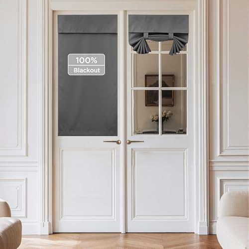 NICETOWN Grey 100% Blackout No Drill French Door Curtains for Window