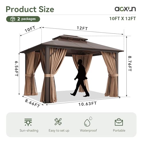 Image of Aoxun 12'x10' Hardtop Gazebo, Metal Frame Permanent Pavilion with Curtains and Netting, Outdoor Polycarbonate Double Roof Canopy, Designed for Garden, Lawns, Patio, Brown