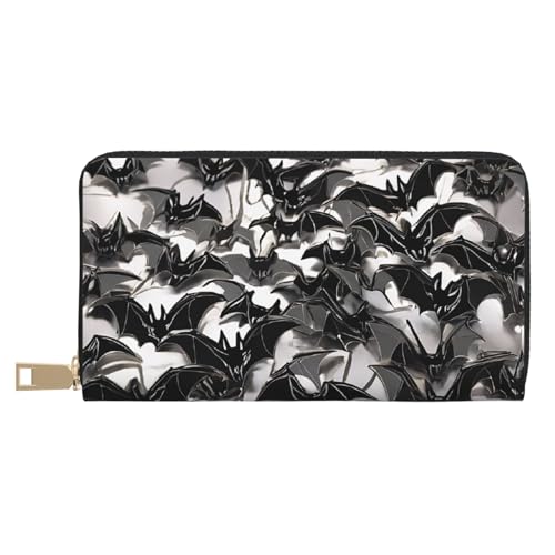 Leather Wallet for Women Ladies Novelty Printed Around Zipper Long Wallet Phone Purse Credit Card Holder, Halloween Bats Grey