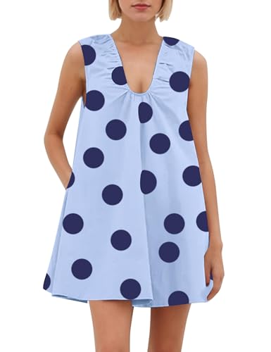 Image of Women Polka Dot Babydoll Mini Dress Scoop Neck Ruched Short Dresses Party Tank Dress with Pockets(Blue L)